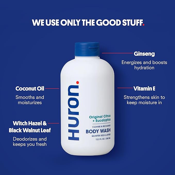 Huron Body Wash Scent Duo - Citrus + Eucalyptus & Sandalwood + Black Pepper Scents - Men’s Body Wash - Made With Coconut Oil, Vitamin E & Witch Hazel - Vegan, Cruelty-Free - 2 Pack, 12.2 fl oz