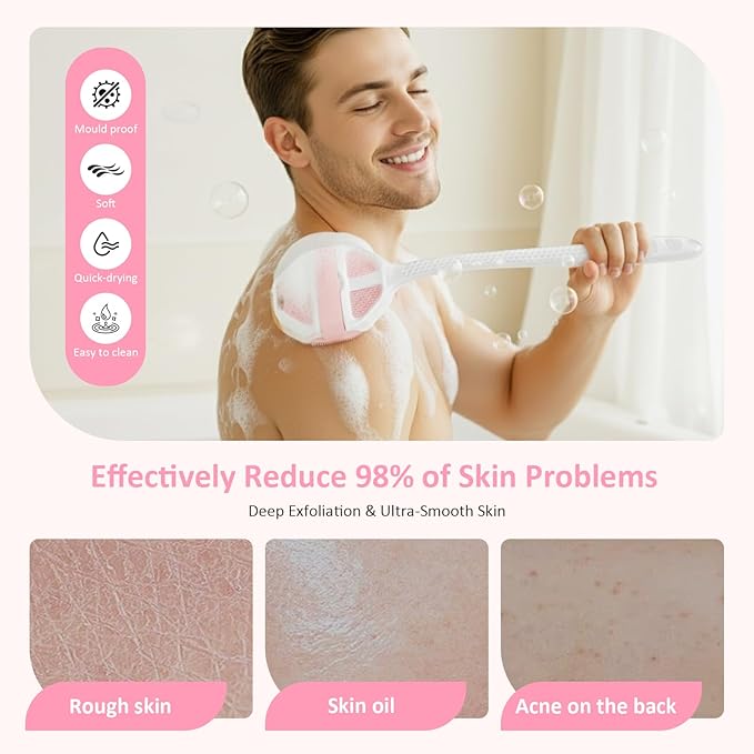 3PCS Extender Handle Set,17in Lengthen Detachable Long Handle Back Brush*1,Silicone Body Scrubber for Gentle Exfoliating and Massage Can Produce Rich Foam*2,Long Handle Back Scrubber for Men (White)