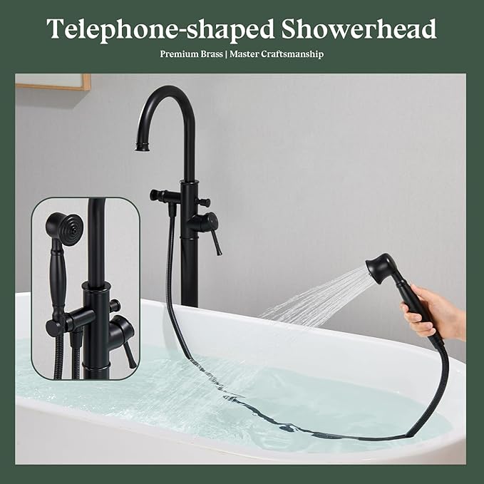 Free Standing Tub Faucet, Wintap Classic Freestanding Bathtub Faucet with Sprayer Brass Elegant Floor Mount Bath Faucets High Flow Roman Tub Filler, Matte Black （WT-3311BK）