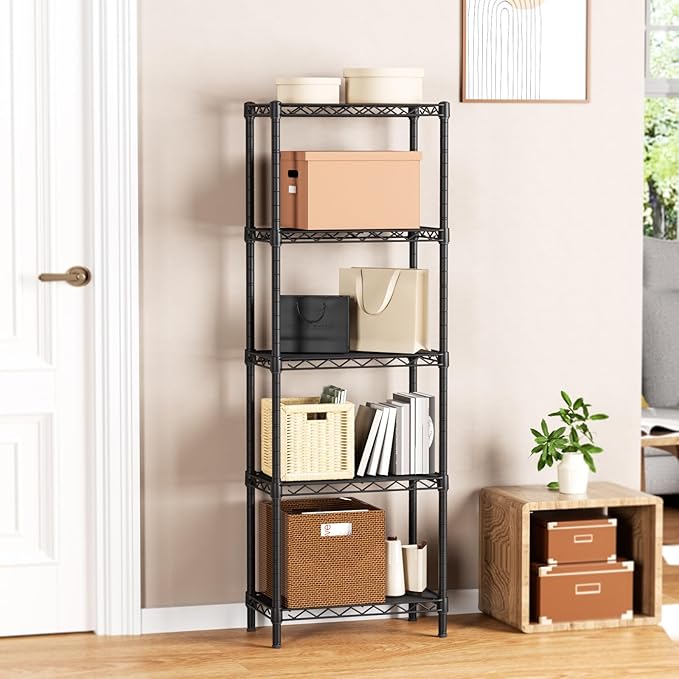 Small 5 tire Shelves Storage Wire Shelving Unit Metal Shelf Adjustable Organizers Storage Shelving for Bathroom Laundry Room Kitchen Pantry10”D x 16”W x 55”H Black
