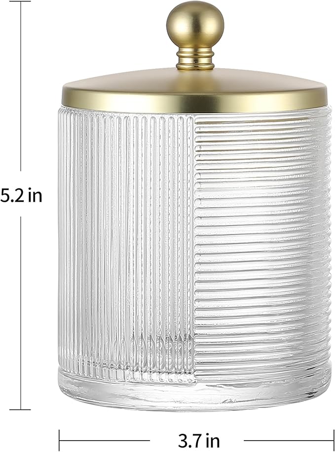 Clear Transparent Apothecary Ribbed Geometric Etched Glass Jar W/Gold Lid Cover for Bathroom Organization, Cotton Balls, Q Tips, and Small Accessories, Bathroom Storage