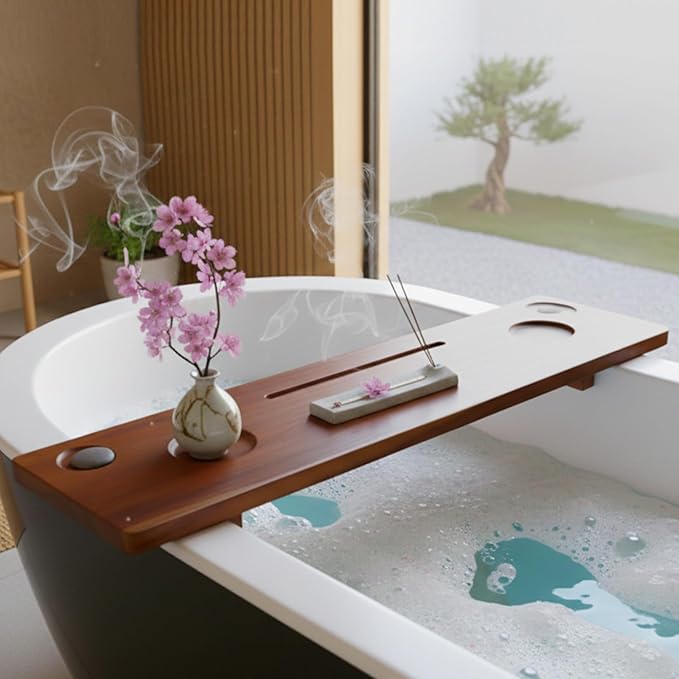 Grand Fjord | Teak Bathtub Tray for Large Soaking Tub | Extra Long 35” Luxury Bath Caddy for Freestanding Tubs | Minimalist Wooden Tub Tray with Candle Holders & Premium Towel by JapandiSpirit