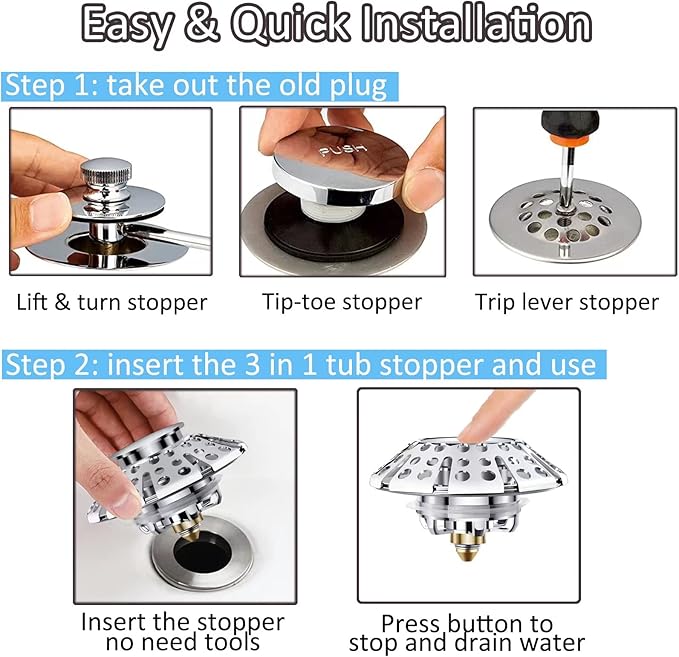 Universal Tub Stopper Bathtub Drain Plug, Pop Up Tub Drain Hair Catcher, Drain Cover with Strainer, for 1-3/8 to 2in Bath Drain Hole