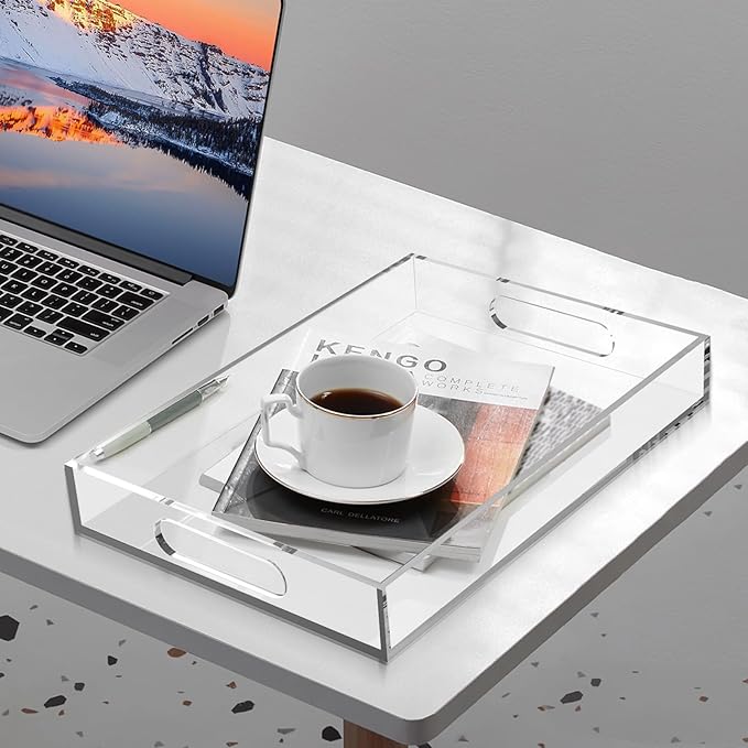 Acrylic Organizers Tray - 11.2"x7.9" with Handle for Ottoman, Coffee Table, Kitchen, Bathroom & Living Room