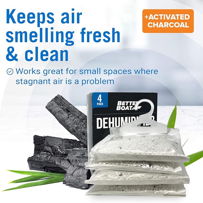 4 Pack Moisture Absorber Hanging Bags, Boat Dehumidifier with Charcoal, Unscented, Removes Dampness and Musty Odors, Ideal for Basement, Closet, Home, Car, RV, and Boating