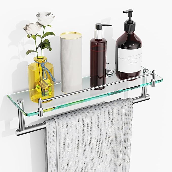 16-Inch Floating Tempered Glass Bathroom Shelf with Towel Bar - Chrome Polished & Stainless Steel, Wall Mount