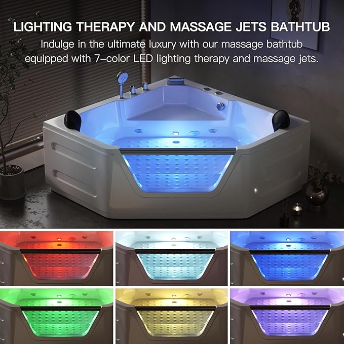59 Inch Corner Jetted Tub - Luxury White Whirlpool Plastic Acrylic Bathtub with 7 Color Light Perfect for Couples' Relaxation and Wellness Home Spa, Ergonomical Designed Bathtub with Water Message