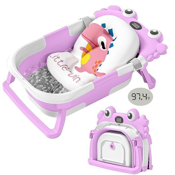 Collapsible Baby Bathtub for Newborns with Thermometer and Soft Floating Cushion Portable and Foldable Travel Baby Bath Tub for Infants to Toddler 0-36 Month (Purple)
