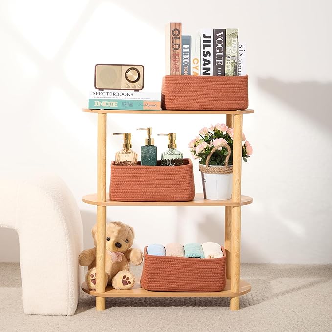 Small Storage Baskets for Organizing | Closet Organizer Bins | Shelf Toy Basket | Woven Rope Baskets | Cube Decorative Box | Shallow Basket | 11.5x7.5x4.7” | 3 Packs Oxide Red