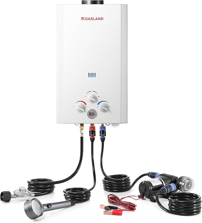 GASLAND 2.64 GPM Propane Tankless Water Heater with Pump & Pipe Strainer for Camping and Off Grid Cabins, 10L Outdoor On Demand Hot Water Heater