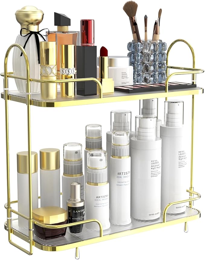 FOLLOWIN 2 Tier Countertop Organizer,Countertop Storage Perfume Tray,Vanity Counter Shelf,Bathroom Organizers and Storage Vanity,2-Tier Coffee Tray,Shine Gold