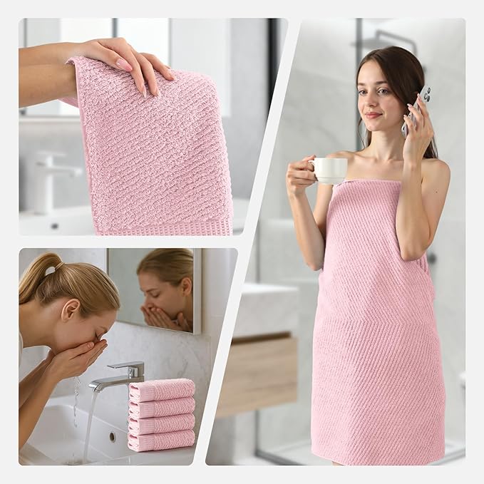 REDKISS Luxury 8-Piece Pink Towel Set, 2 Bath Towels, 2 Hand Towels, 4 Washcloths, 100% Cotton, Quick Dry, Highly Absorbent Towels for Bathroom, Gym, Hotel, Spa