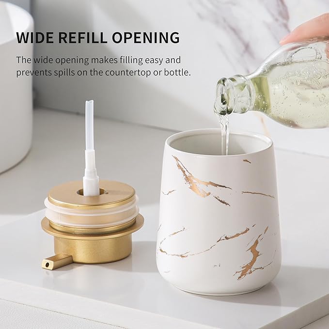 Enra Ceramic Gold Soap Dispenser,12 oz Marble Hand Liquid Soap Dispenser for Bathroom Kitchen Dispenser for Dish Soap with Easy-to-Press(Glod Liquid Type2)