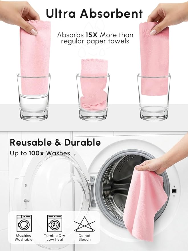 Microfiber Cleaning Cloths Roll, 75 Pack Tear Away Microfiber Towels Roll, 12" x 12" Lint Free Rags, Reusable Cleaning Cloths, Washable, Scratch Free,Ultra Absorbent Dish Rags(Pink)