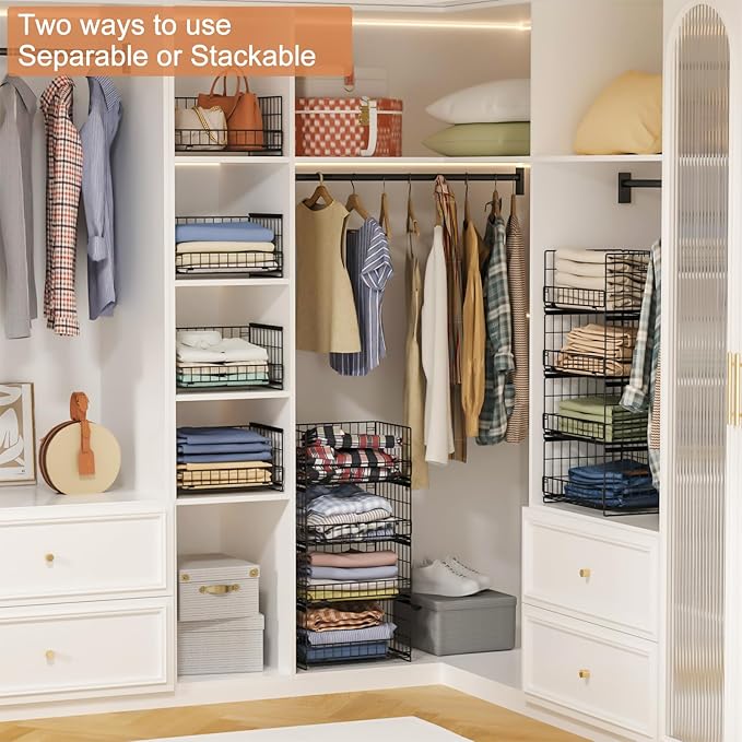 4-Tier Sliding Closet Organizers and Storage Shelves, Stackable Closet Shelf Organizer Basket Bins, Drawer Shelf Storage Container for Wardrobe Cupboard Kitchen Bathroom Office, Black