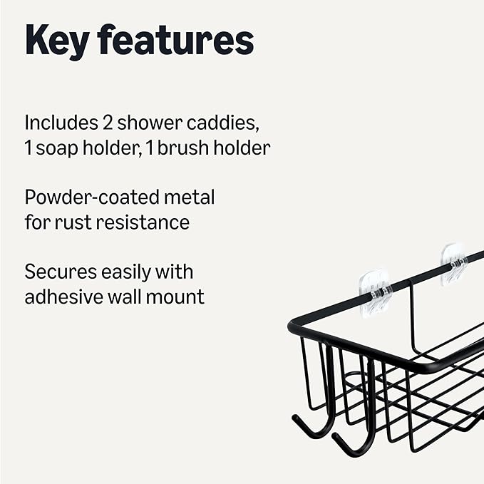 Amazon Basics Shower Organizer Caddy with Soap Holder, Stainless Steel, Black, Set of 5
