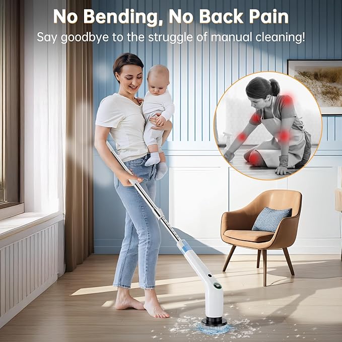 Electric Spin Scrubber, Cordless Shower Scrubber with 8 Scrub Brush, 2 Speed with Adjustable Extension Handle, Battery Level Display, Power Scrubber for Bathroom Bathtub Tile Floor, White