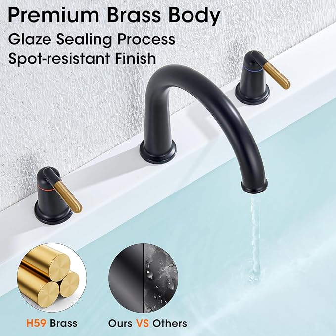 Black & Rose Gold Roman Bathtub Faucet Set with Valve High Flow 10.25 GPM Tub Faucets 3 Hole Widespread Deck Mount Tub Filler
