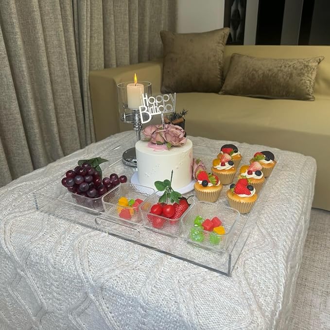 Clear Acrylic Ottoman Tray with Cutout Handles 20x20 Inch Over Sized Serving Tray, Organizer Rubber Boot Tray Decorative for Living Room Bedroom,Bathroom and Entryway Kitchen Tabletop