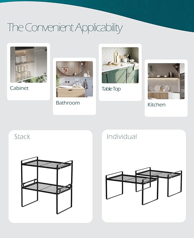 2 Pack Kitchen Cabinet Shelf Counter Organizer Rack Pantry Storage Bathroom Bedroom Office Table Desk Space Saving Steel Frame Stackable Rust Resistant Non Slip Black