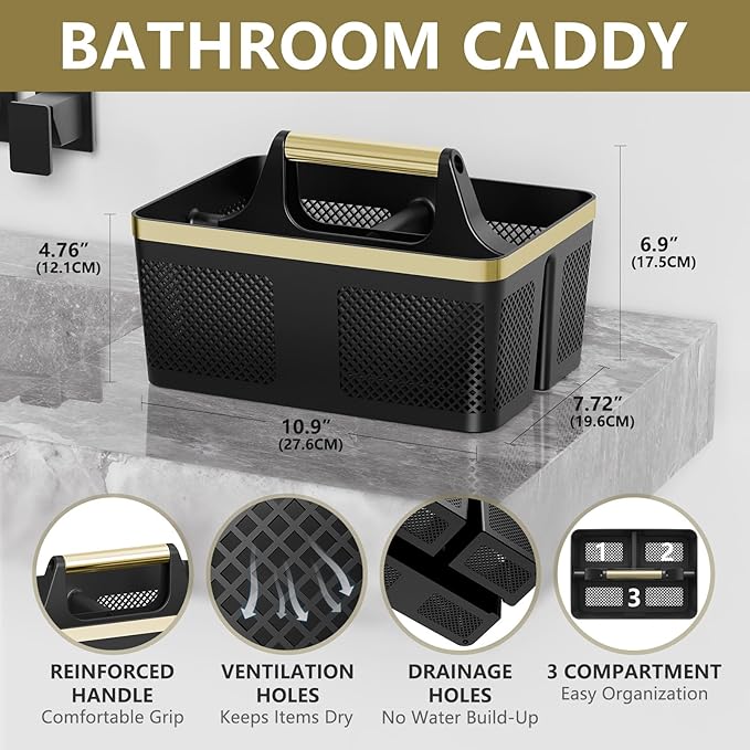 Shower Caddy Dorm Men: Plastic Bathroom Caddy Organizer with Handle and Holes, Bath Caddy for College Dorm, Portable Shower Basket Tote for Toiletry, Travel, GYM, Camp Essentials Black/Gold