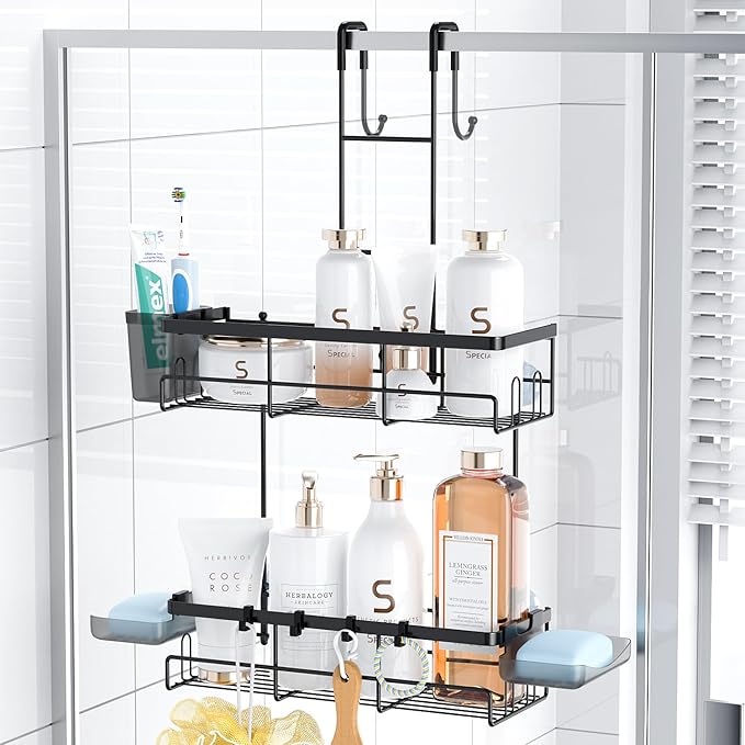 Over the Door Shower Caddy Hanging: Black Rustproof Shower Organizer over the Door - No Drilling Bathroom Rack for Inside