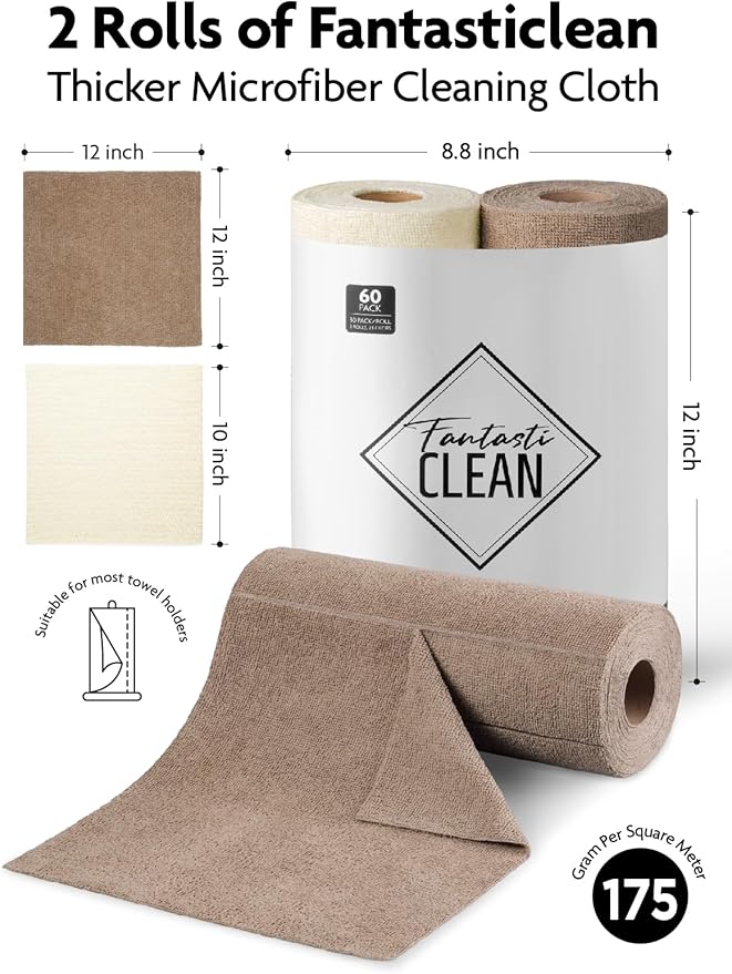Fantasticlean Microfiber Cleaning Cloth Roll -60 Pack, Tear Away Microfiber Towels, 12" x 12", Reusable, Washable, Scratch Free, Ultra Absorbent Dishcloth for Car, Home Supplies (Beige & Tan)