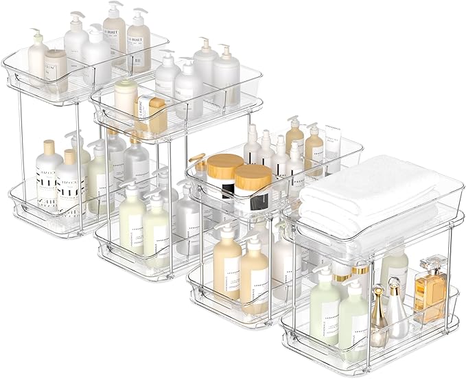 2 Tier Pull-Out Storage Organizer for Bathroom and Kitchen, Under Sink Organizer with Dividers, Ideal for Organizing Cupboard,Bathroom Vanities,Cabinet, Slide-Out Clear Storage, 4 Pack