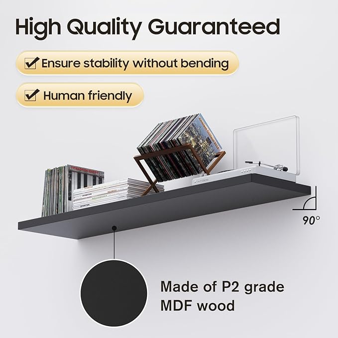 Floating Shelf, Set of 3 Wall Shelf, 30 in W x 12.75 in D x 2 in H Wooden Floating Wall Shelf with Invisible Brackets for Living Room/Bedroom/Bathroom/Kitchen Storage and Decor, Black