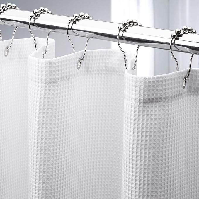 AmazerBath 54 x 78 Shower Curtain Waffle, Long Stall Shower Curtain White, Heavy Duty 240GSM, Fabric Shower Curtains, Hotel Quality Bathroom Accessories, 54 Inches Wide x 78 Inches Long