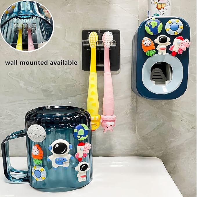 Automatic Toothpaste Dispenser & Toothpaste Holders and Wall Mounted Cup 3 Piece in a Set, is Wall Mounted for Bathroom,Toothpaste Squeezer for Kids & Family Shower by Mr. Thumbs(Navy Blue Set)