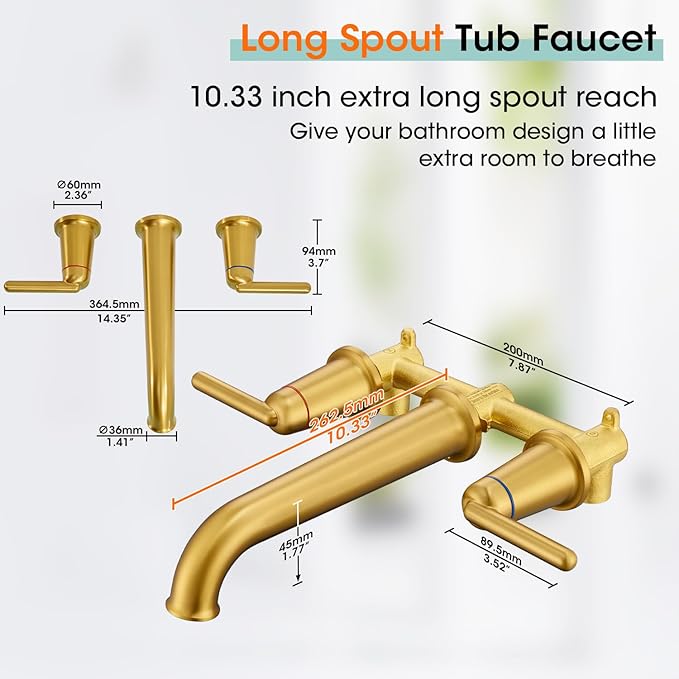 Wall Mount Tub Filler Long Spout Reach Faucet with Rough-in Valve High Flow 2-Handle Brass Roman Bath Faucet Set Brushed Gold (WT-9806BG)