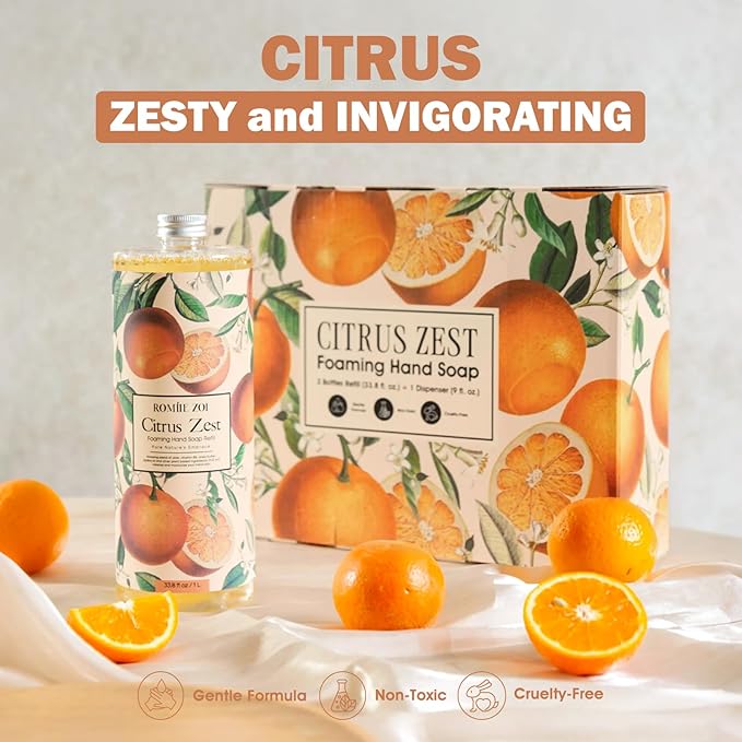 ROMIIE ZOI Citrus Zest Foaming Hand Soap Refill Gift Set – 3 Pack (33.8 Fl Oz Each) with Refillable Dispenser, Moisturizing, Biodegradable & Chemical-Free Formula for Kitchen, Bathroom, Sensitive Skin