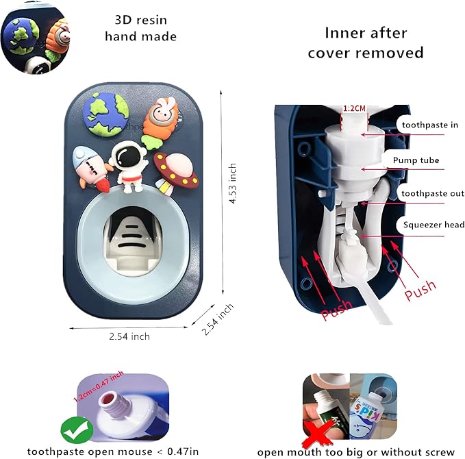Automatic Kid Toothpaste Dispenser Wall Mounted for Bathroom,Toothpaste Squeezer for Kids & Family Shower by Mr. Thumbs (2pc,Astronaut& Unicorn)