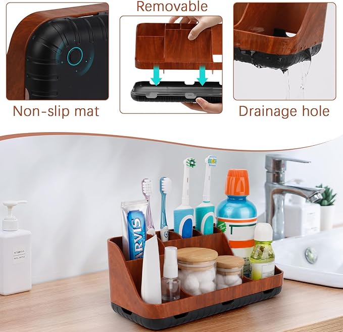 Bathroom Decor and Accessories - Detachable 7 Slots Kids Electric Toothbrush and Toothpaste Holde for Bathroom Tray Countertop Vanity Storage, Bathroom Sink Storage Organizer, Red Wood