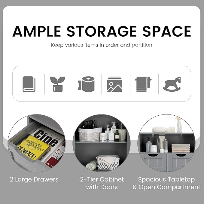 COSTWAY Bathroom Storage Cabinet, Freestanding Storage Organizer with 2 Drawers & Adjustable Shelf, Wooden Floor Cabinet for Living Room, Bedroom, Kitchen, Entryway (Gray)