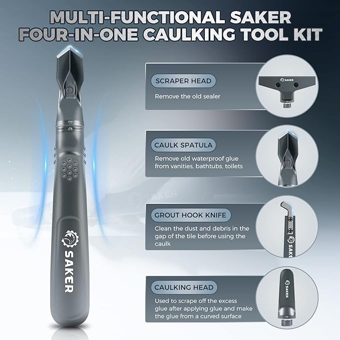 Saker Caulking Tool Kit-Aluminum 4 in 1 Sealant Finishing Tool Grout Remove Scraper Caulk Remover Glass Glue Angle Scraper for Bathroom,Kitchen,Floor,Window,Sink Joint,Frames Seal Silver