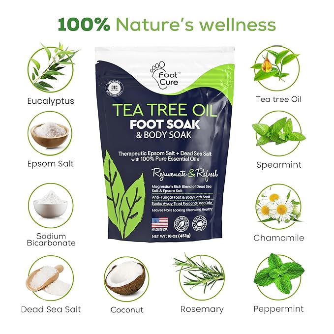 Tea Tree Oil Foot Soak with Epsom Salt - For Toenail Repair, Athletes Foot, Softens Calluses, Soothes Sore & Tired Feet, Nail Discoloration, odor Scent, Spa Pedicure Care - Made in USA 16 oz