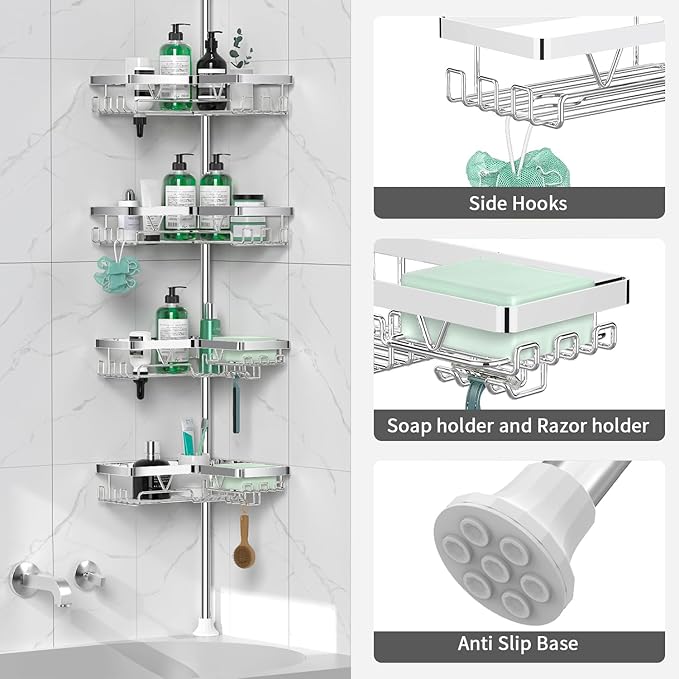 Corner Shower Caddy Tension Pole - Chrome Tension Rod Shower Caddy Adjustable Shampoo Holder for Bathroom/Bathtub/RV, Stainless Steel, Floor to Ceiling 25-114.2 inch
