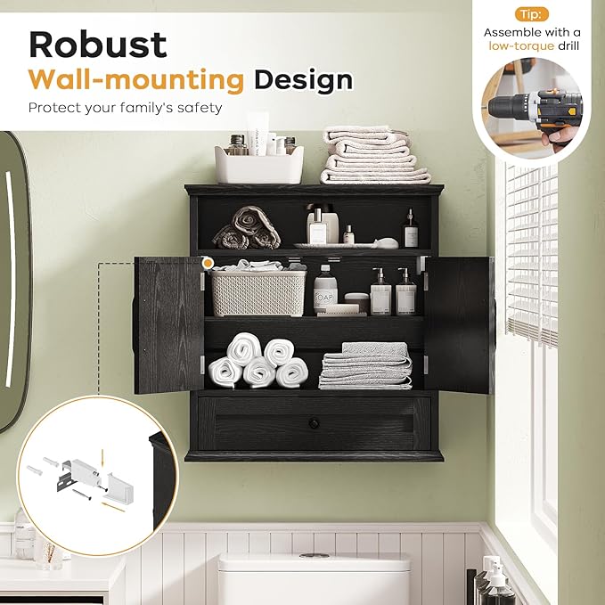 Bathroom Wall Cabinet, Wall Mounted Medicine Cabinet with Drawer, Barn Door & Adjustable Shelf, 24.4"H x 23.6"W x 9"D Black Over Toilet Farmhouse Storage Cabinet for Kitchen, Laundry, Entryway