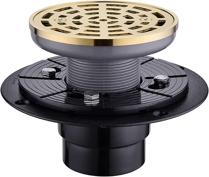 RANDOM Round Shower Drain SUS304 Stainless Steel Brushed Gold Shower Drain 4 inch with Adjustable PVC Base Flange,Shower Floor Drain with Removable Cover Grid Grate