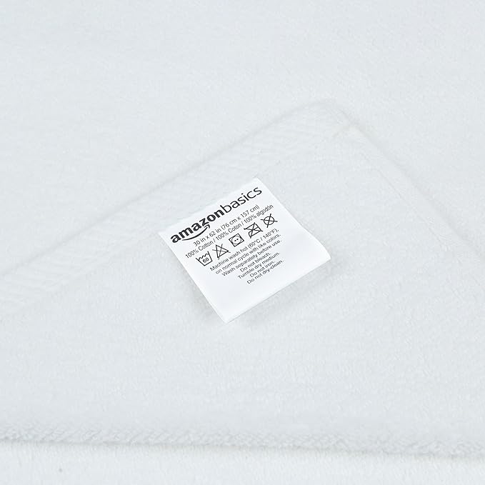 Amazon Basics 2 Piece Quick-Dry Oversize Bath Towel, 100% Cotton, White, 62" x 30"