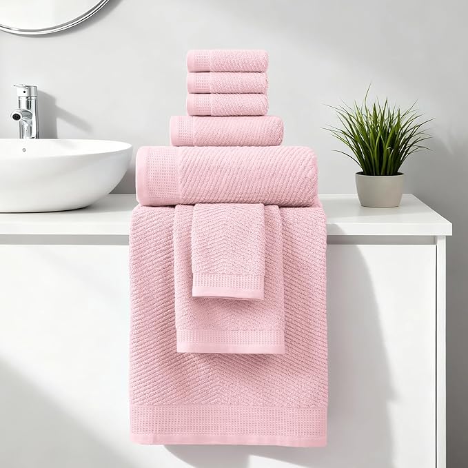 REDKISS Luxury 8-Piece Pink Towel Set, 2 Bath Towels, 2 Hand Towels, 4 Washcloths, 100% Cotton, Quick Dry, Highly Absorbent Towels for Bathroom, Gym, Hotel, Spa