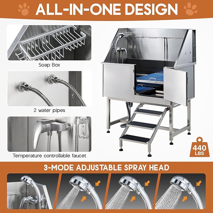 Albott 50 Inch Stainless Steel Dog Washing Station with Non-Slip Steps, Sprayer, Faucet, Soap Box – Professional Pet Bathtub for Small and Medium Pets, Use at Home, Garage, or Grooming (Right Door)