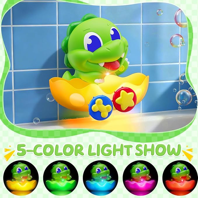 Dinosaur Baby Bath Toys for 1 2 3 Year Old Boys, Dino Bath Bubble Machine with Rainbow Lights & Water Scoop,Fun Toddler Toys Baby Shower Bathtub Toys Christmas Birthday Gifts for Boys Age 1-3 Year Old
