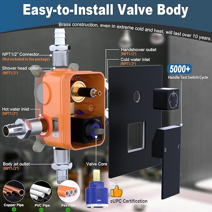 Enga Shower System with Body Jets, 12 Inch Wall Mount Rainfall Shower System and Handheld Body Spray Shower Faucets sets Combo with Rough-in Valve, Matte Black