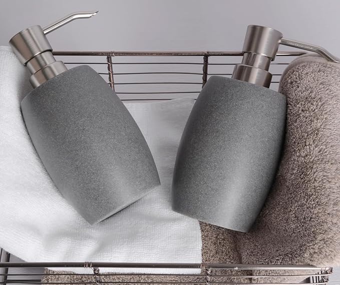 Sandstone Textured Resin Soap Dispenser with Metallic Pump and Waterproof Bottle Labels for Bathroom Kitchen Dish Hand Wash Shower Lotion Shampoo, 12 Oz, 2 Sets Gray