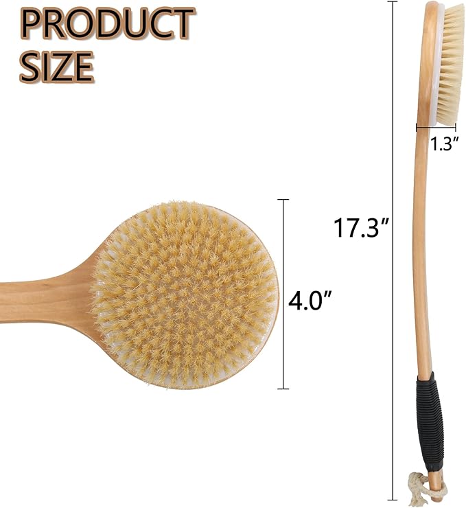 OWIIZI Round Head Back Scrub Brush for Body Shower, Wooden Long Handle Bristles Tub Soaping Bath Brushes, Skin Exfoliator Scrubber Brush for Men Women Elderly Wet or Dry Use