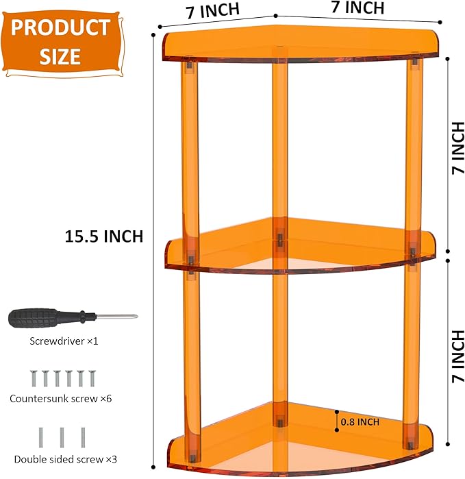 3 Tier Countertop Corner Organizer Shelf 7x7x15.7 Inch, Orange Countertop Acrylic Bathroom Corner Shelf, Vanity Storage Organizer for Cosmetics, Toiletries