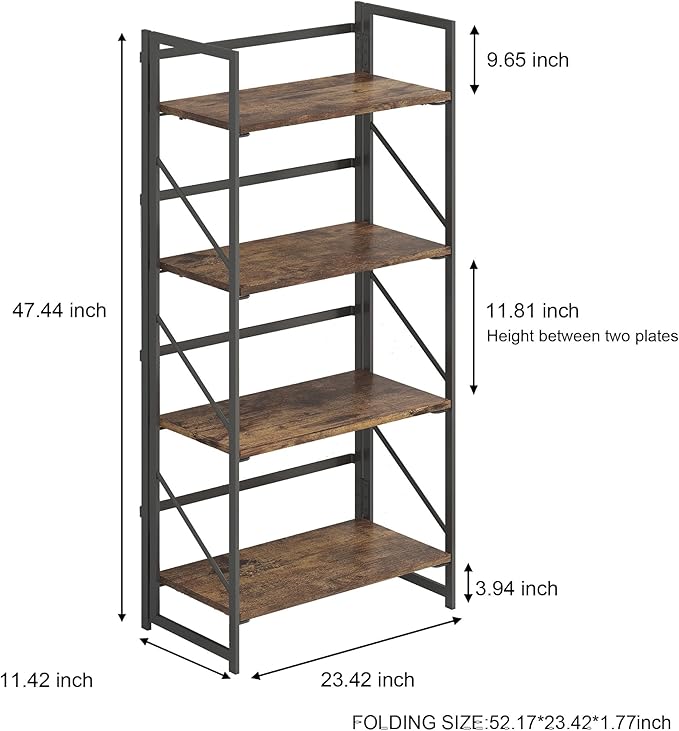 JSB No Assembly Folding Bookshelf, 4 Tier Industrial Metal Book Shelf for Storage, Vintage Wood Foldable Bookcase for Living Room, Bedroom, Office Organization Shelves